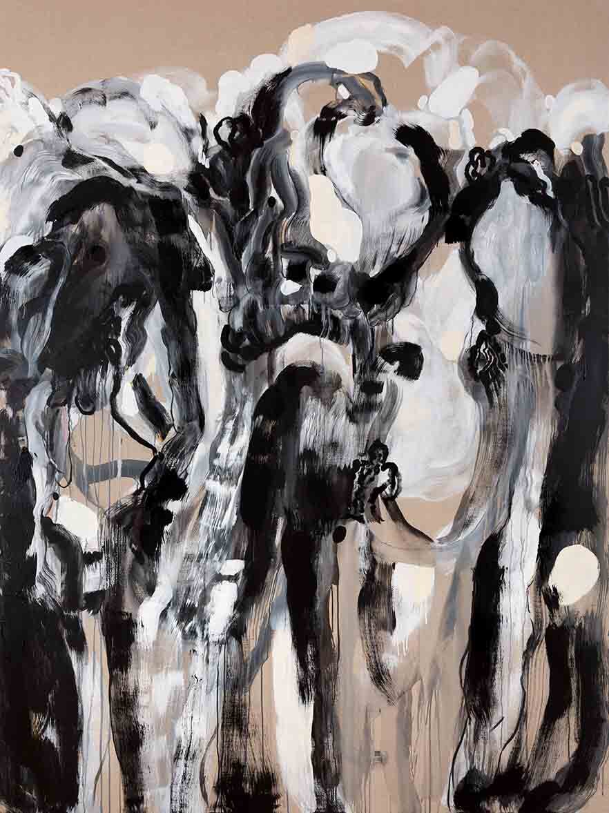 Hatem Imam, <i>Licentious</i>, 2025. Oil, acrylic, and oil pastel on linen, 94 1/2 x 70 7/8 in (240 x 180 cm)